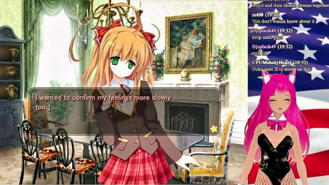 Anime blonde catgirl in school uniform and pink-haired neko in lingerie from erotic VTuber game play