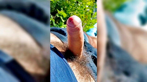 Dirty Hiker exposes uncircumcised erect cock from jeans outdoors