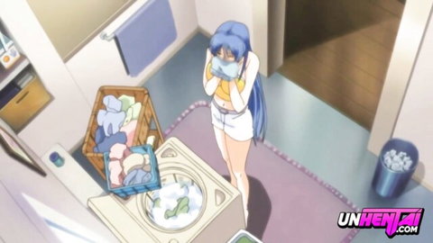 Blushing blue-haired hentai girl in tight shorts covering face embarrassed in laundry room