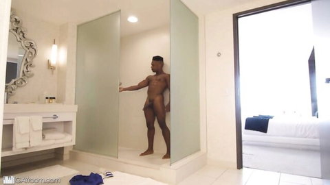Nude ebony hunk teases BBC in luxury shower pose