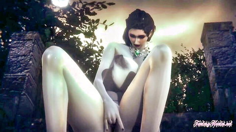 Lady Dimitrescu nude fingering squirt in rainy Resident Evil hentai 3D