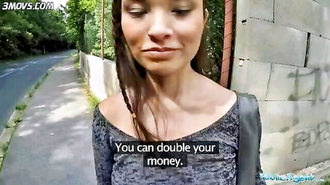Lost tourist in off-shoulder top outdoors under bridge, ready for public fuck