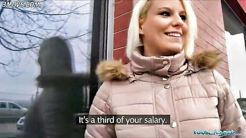 Blonde Lucy Shine in fur-trimmed coat negotiates cash for sex