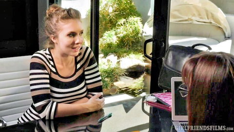 Lena Paul and Lexi Luna in lesbian office talk, Girlfriends Films