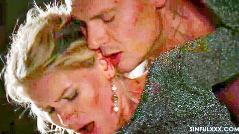 Claudia Macc seduced by Thomas Jay in sparkly dress, passionate neck kiss