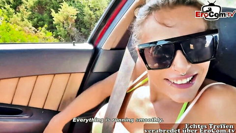 Gianina TS blonde teen smiling in car sunglasses on outdoor vacation pickup