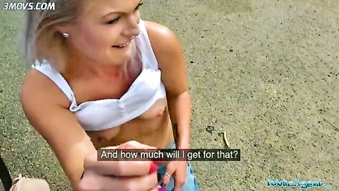 Blonde babe in braless white top teasing outdoors, public fun vibe