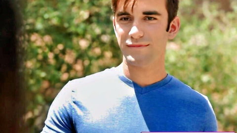 Smiling young neighbor guy in blue shirt, tricked into threesome with mommy Janice Griffith and teenie