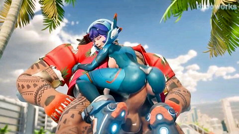 D.Va cosplay babe grinds juicy ass on muscular stud's bulge in reverse cowgirl beach pose