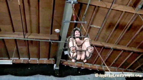 Naked submissive woman bound and suspended upside down in basement metal restraints with legs spread wide exposing pussy