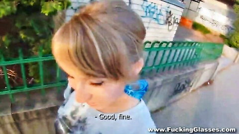 Blonde teen with glasses enjoys outdoor deck sex, happy expression
