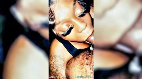 Ebony woman with lashes in closeup oral on muscular black man, throatgoat action
