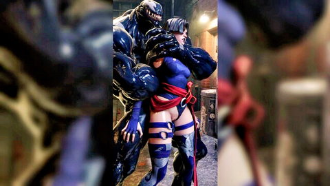 Venom embraces Psylocke in seductive superhero cosplay hug