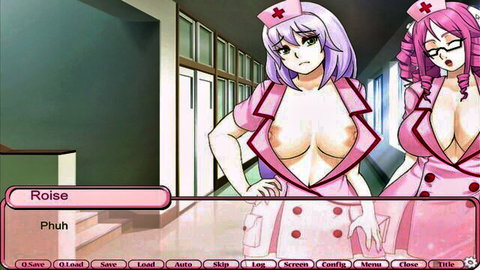 Busty anime nurses Roise and Moika in revealing uniforms exposing huge breasts