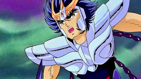 Anime hero Seiya in white armor dynamic pose, Knights of Zodiac hentai action