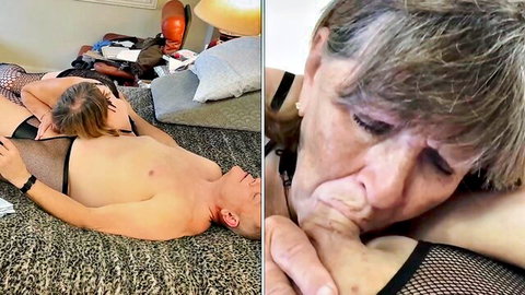 Older Carmen Hotty in fishnet lingerie sucks toes of naked man
