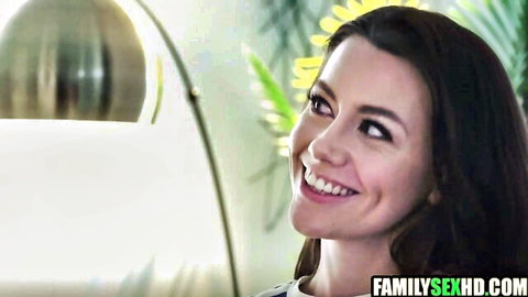 Smiling brunette stepdaughter in taboo family cuckold scene
