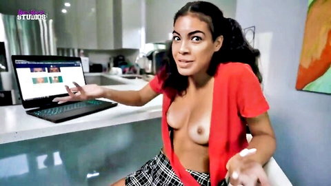 Maya Farrell topless in open red top, big boobs exposed, plaid skirt