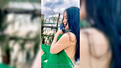 18yo Vietnamese babe Pong in wet sheer dress on beach, big tits tease