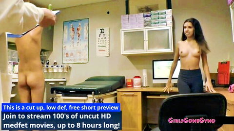Topless petite Latina babe with small natural tits smiles at naked doctor's bare ass in gyno exam room