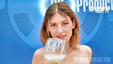 Fanta Sie topless holding cum-filled glass after premium bukkake