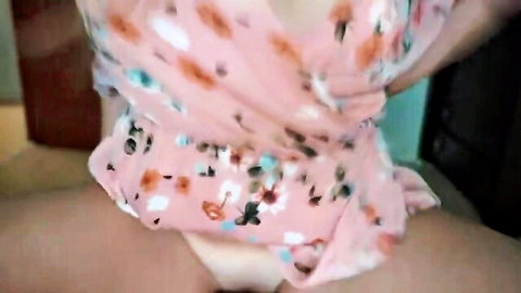 Blonde woman in pink floral dress exposes shaved pussy to pay delivery guy