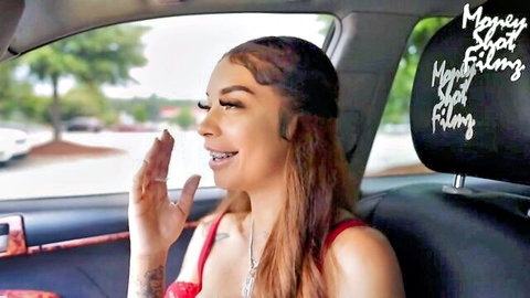 Brunette teen cutie with braces smiling in red top for hot threesome porn