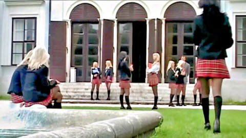 Group of sexy Russian schoolgirls in plaid skirts and stockings outdoors, starring Laura Lion