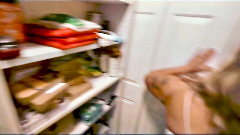 Misty Meaner blonde MILF reaching in kitchen pantry in white lingerie