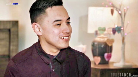 Smiling young Asian man in maroon shirt, PureTaboo scene with Kimmy Kimm