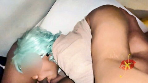 Anasplaygrund cosplay girl with teal hair lying nude on side, exposing curves and hibiscus tattoo