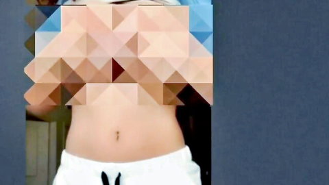 Censored Asian girl showing midriff in white pants, teasing tits for whitebois JOI