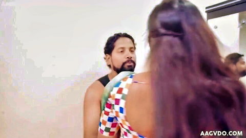 Indian MILF in colorful saree embraced by bearded lover in steamy affair
