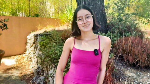 Penelope, 19yo Latina cosmetics saleswoman in pink spaghetti-strap dress outdoors