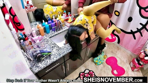 SheisNovember busty black babe bent over sink in yellow dress, rough doggystyle fuck