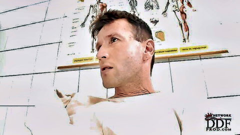Tattooed muscular man in open white shirt for hospital sex therapy scene