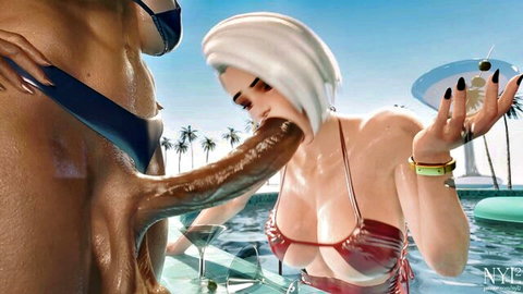White-haired beauty in red bikini gives blowjob to muscular man poolside