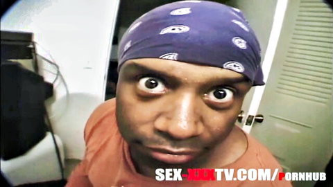 Intense black man in bandana, staring wide-eyed in homemade porn teaser