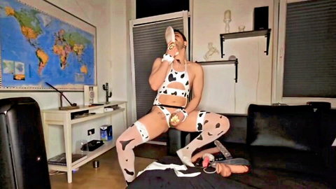 Iranian femboy in cow lingerie squatting with dildo in mouth, solo explicit
