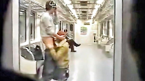 Korean gay man fucks bare ass of bent-over dude doggystyle on crowded train