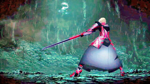 Fate Heaven's Feel anime: Sexy Saber Alter blonde in armored dress wields sword