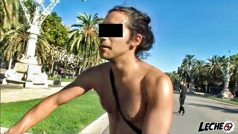 Topless man biking outdoors in sunny park, Leche 69 adult thumbnail