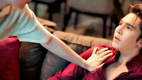 Intimate Asian boys love moment with hand on bare chest
