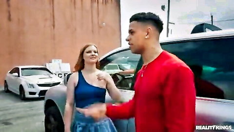 Harlow West redhead picked up in parking lot by guy in red hoodie