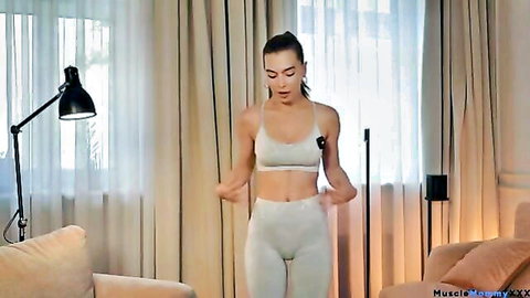 Fit brunette model in tight gray Teveo sports bra and leggings try-on haul