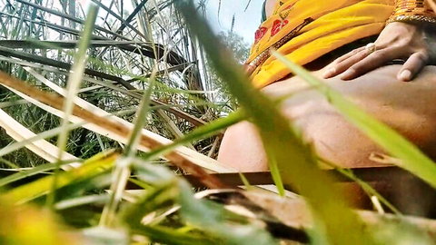 Indian babe in yellow saree bends over flashing big juicy ass outdoors in reeds