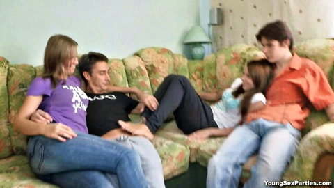 Megan Vale with teen couples sharing sex stories on couch, casual group