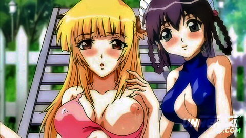 Futanari hentai lesbians in bikinis at pool party, big tits exposed