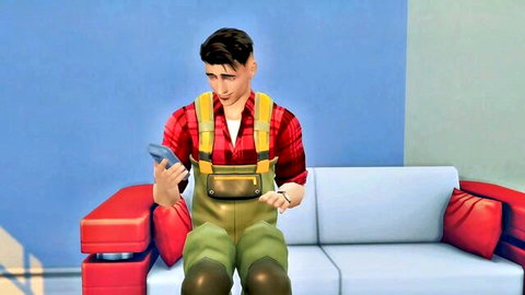 3D animated engineer in overalls sits surprised on couch, checking phone