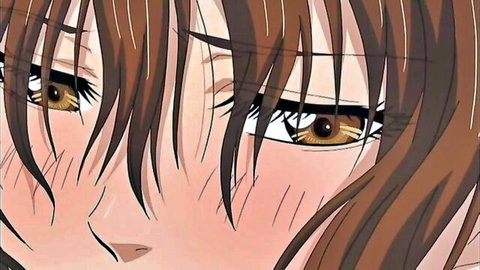 Seductive brown-haired anime girl with blushing cheeks in hentai romance